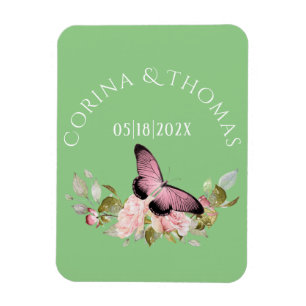 Rosa Flowers & Butterfly på Grönt Bröllop Magnet