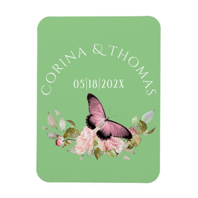 Rosa Flowers & Butterfly på Grönt Bröllop Magnet (Vertikal)