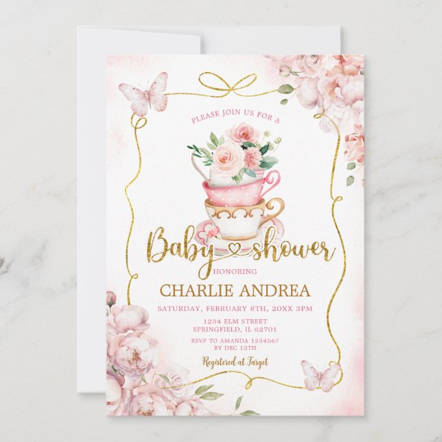  Rosa Flowers Butterfly Tea Party Baby Shower Inbjudningar (Framsida)