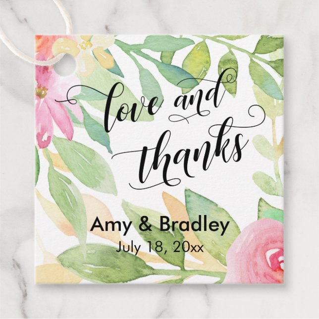 Rosa Flowers & Calligraphy Kärlek och Tack Bröllop Gåvor Etiketter (Framsida)