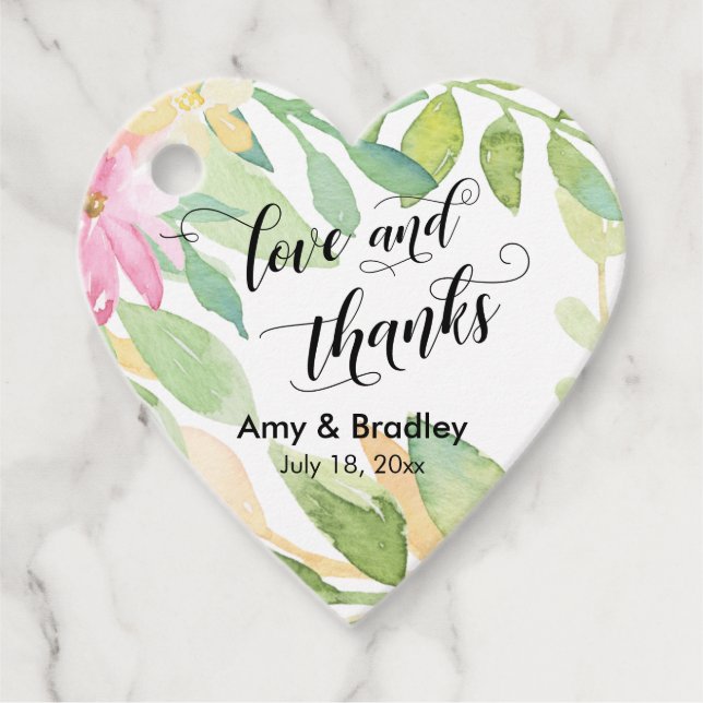 Rosa Flowers & Calligraphy Kärlek och Tack Bröllop Gåvor Etiketter (Framsida)