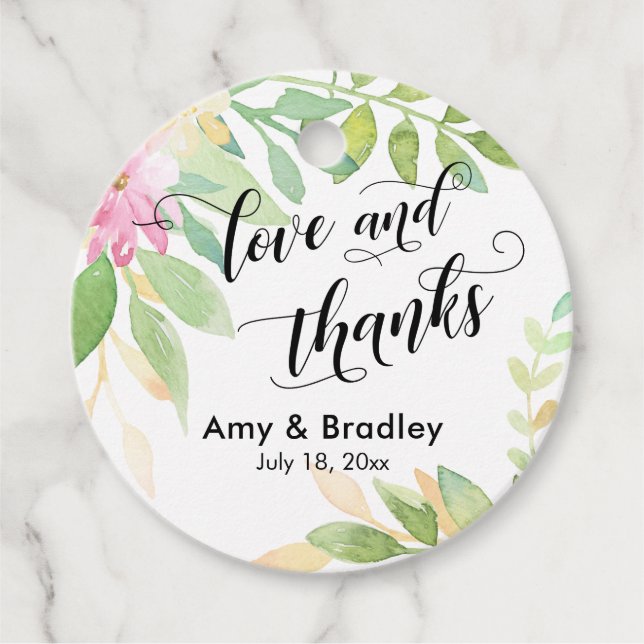 Rosa Flowers & Calligraphy Kärlek och Tack Bröllop Gåvor Etiketter (Framsida)