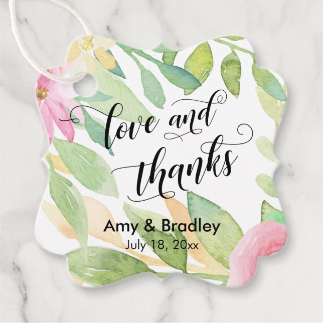 Rosa Flowers & Calligraphy Kärlek och Tack Bröllop Gåvor Etiketter (Framsida)