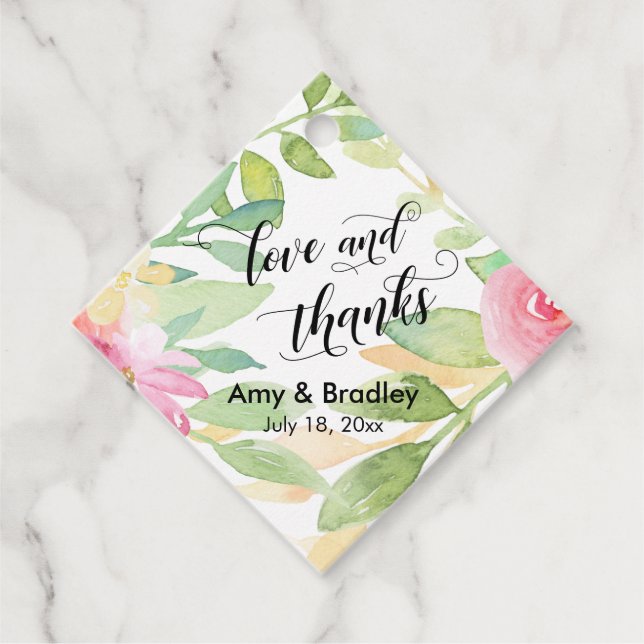 Rosa Flowers & Calligraphy Kärlek och Tack Bröllop Gåvor Etiketter (Framsida)