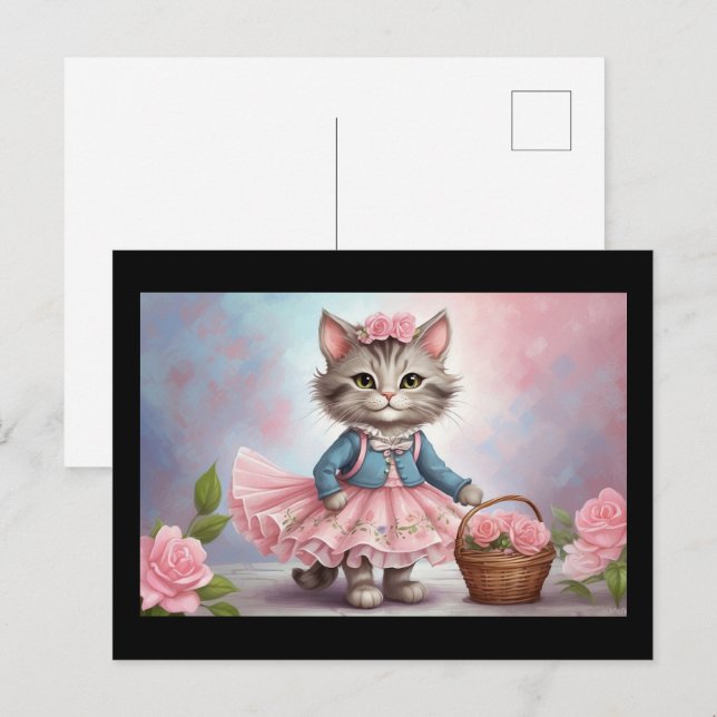 Rosa Flowers Cat i Dress med Flower Basket Vykort (Fram/baksida)