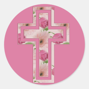 Rosa Flowers Christian Kor Symbol Runt Klistermärke