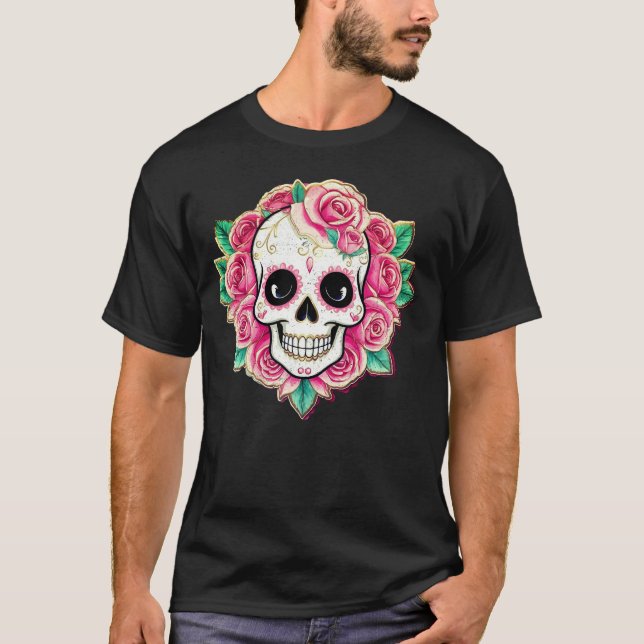 Rosa Flowers Coquette Blommigt Skull Ro Skeleton T Shirt (Framsida)