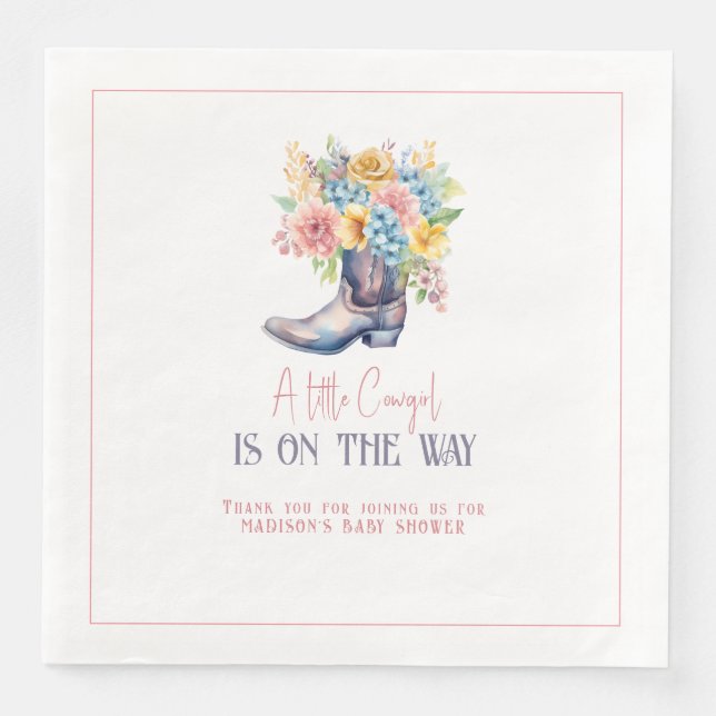 Rosa Flowers Cowgirl Boots Personlig Bay Shower Pappersservett (Framsida)