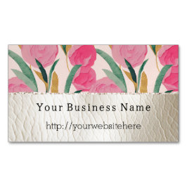Rosa Flowers & Cream Faux Leather Magnetiska Visitkort