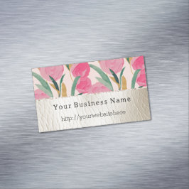 Rosa Flowers & Cream Faux Leather Magnetiska Visitkort
