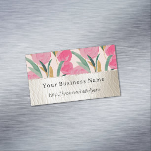 Rosa Flowers & Cream Faux Leather Magnetiska Visitkort
