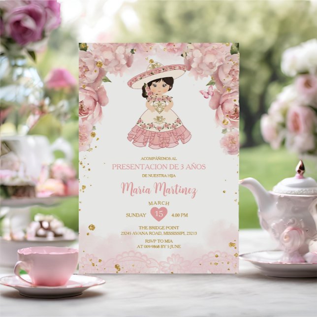 Rosa Flowers Cute Niña Presentación de Tres Años Inbjudningar (Skapare uppladdad)