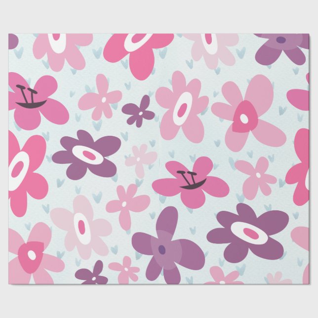 Rosa Flowers Cute Whimsical Mönster Presentpapper (Seam)
