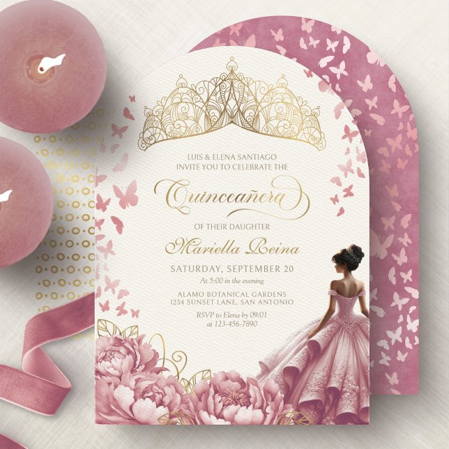  Rosa Flowers Dress Krona Quinceanera Inbjudningar (Skapare uppladdad)