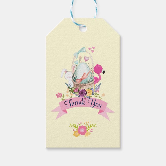 Rosa Flowers, Egg, Flamingo & Bunny Tack Presentetikett (Framsidan)
