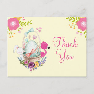 Rosa Flowers, Egg, Flamingo och Bunny Party tack Vykort