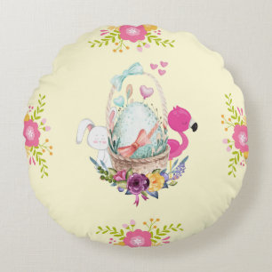 Rosa Flowers, Egg, Flamingo och Bunny Watercolor Rund Kudde