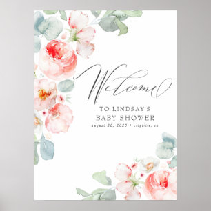 Rosa Flowers Elegant Baby Shower Välkomstskylt Poster