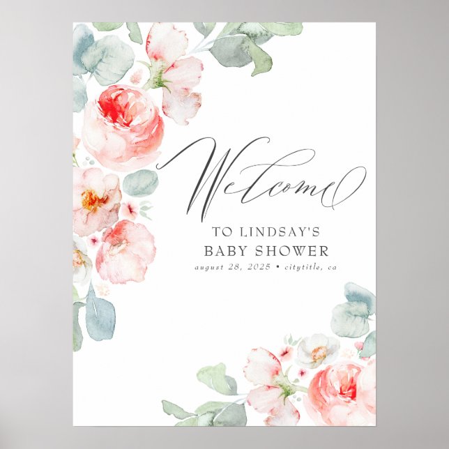 Rosa Flowers Elegant Baby Shower Välkomstskylt Poster (Framsidan)