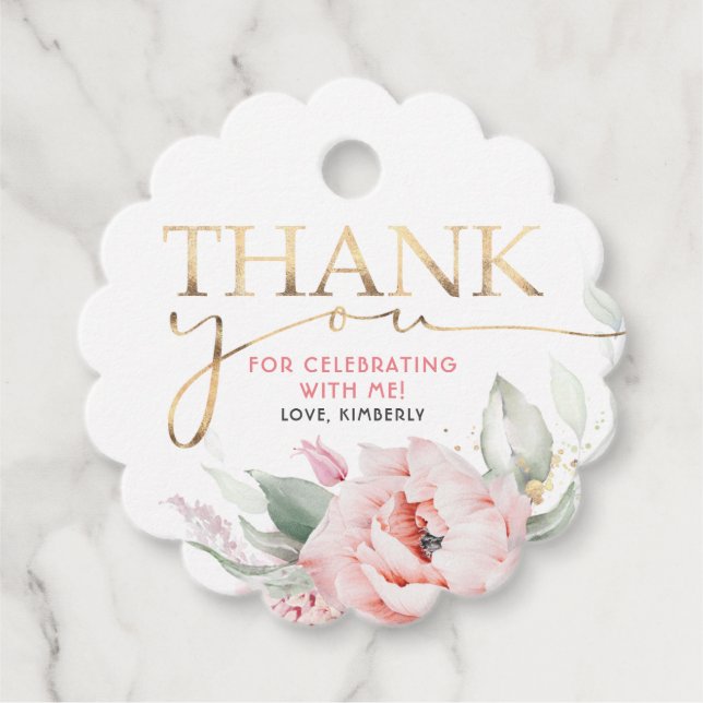 Rosa Flowers Elegant Birthday Tack Gåvor Etiketter (Framsida)