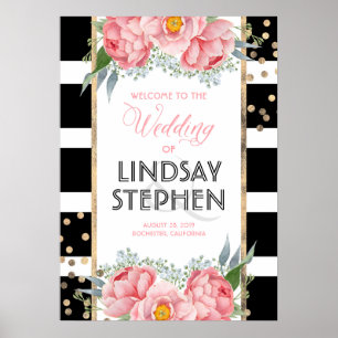 Rosa Flowers Elegant Black Rand Bröllop Välkommen Poster