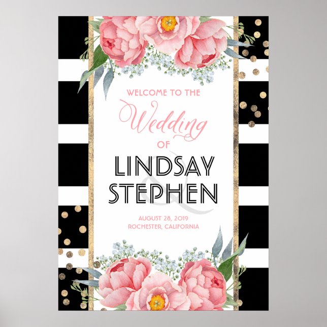Rosa Flowers Elegant Black Rand Bröllop Välkommen Poster (Framsidan)