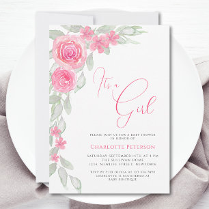 Rosa Flowers Elegant Boho Det är en flicka Babyska Inbjudningar