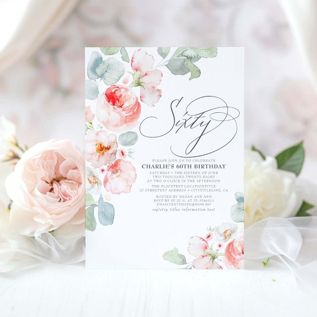 Rosa Flowers Elegant Boho sextio - 60:e födelsedag Inbjudningar (60th birthday invitations with pink flowers and eucalyptus greenery)