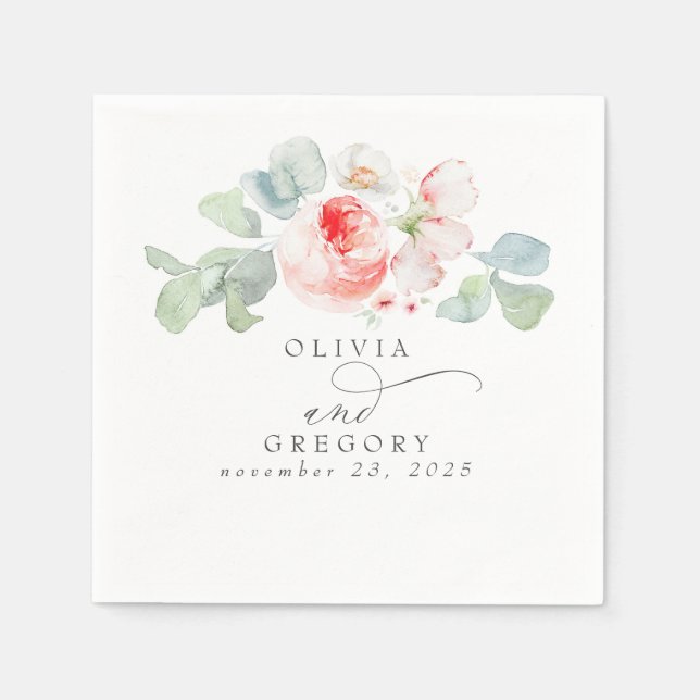Rosa Flowers Elegant Romantic Bröllop Pappersservett (Framsidan)