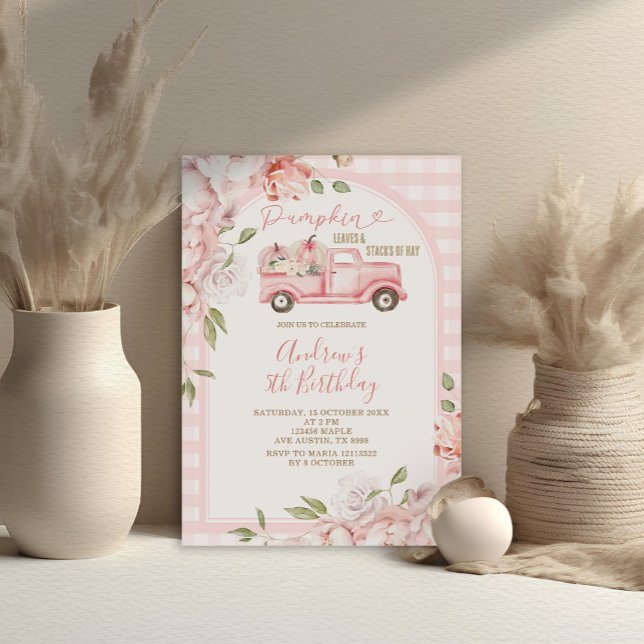  Rosa Flowers Fall Gingham Tractor Birthday Inbjudningar (Skapare uppladdad)