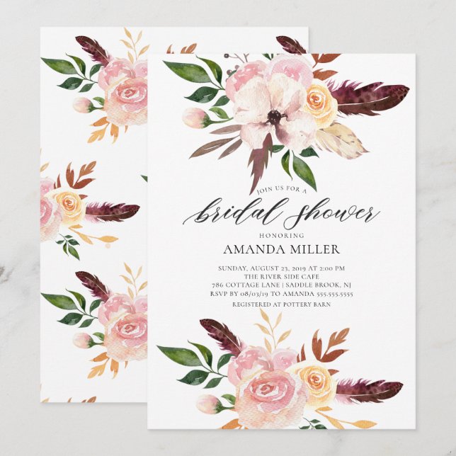  Rosa Flowers Feathers Möhippa Inbjudningar (Fram/baksida)