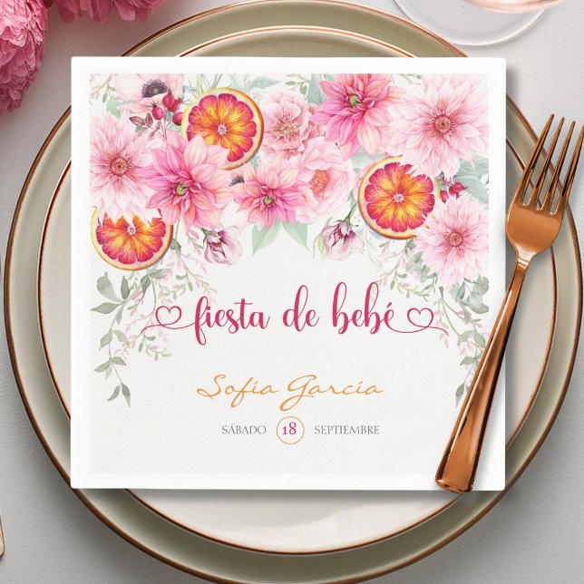  Rosa Flowers Fiesta Spanska babyskor Pappersservett (Citrus and pink watercolor flowers Spanish baby shower party napkins)