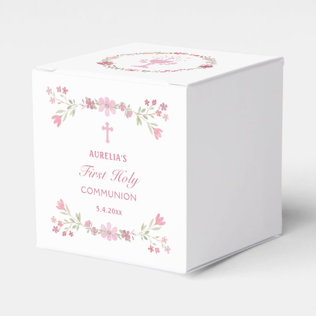 Rosa Flowers First Communion Cube Presentaskar (Framsidan Sidan)