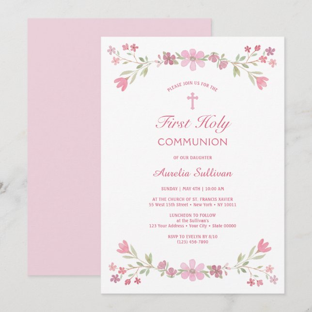 Rosa Flowers First Communion Inbjudningar (Fram/baksida)