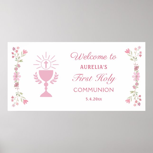 Rosa Flowers First Communion Välkommen Poster (Framsidan)