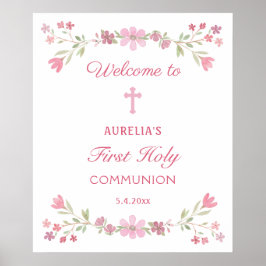 Rosa Flowers First Communion Välkommen Poster