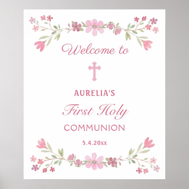 Rosa Flowers First Communion Välkommen Poster (Framsidan)
