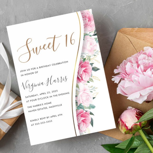 Rosa Flowers Foliage Sweet sixteen 16 Birthday Inbjudningar (Skapare uppladdad)