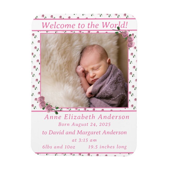 Rosa Flowers Framed Birth Notice Magnet (Vertikal)