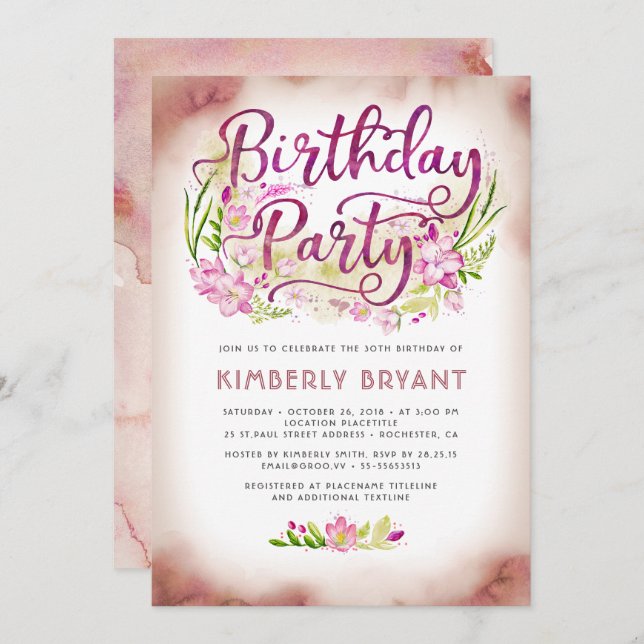 Rosa Flowers Garden Elegant Blommigt Födelsedagsfe Inbjudningar (Fram/baksida)