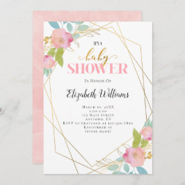  Rosa Flowers Geometric Ram Baby Shower Inbjudningar