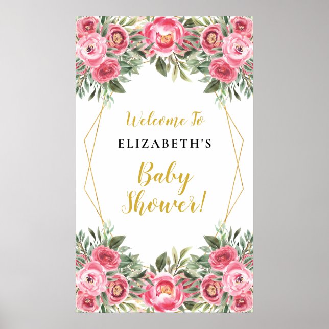 Rosa Flowers Geometric Ram Baby Shower-skylt Poster (Framsidan)