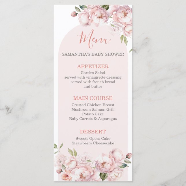 Rosa Flowers Girl Baby Shower Baby på Bloom Menu Meny (Framsida)