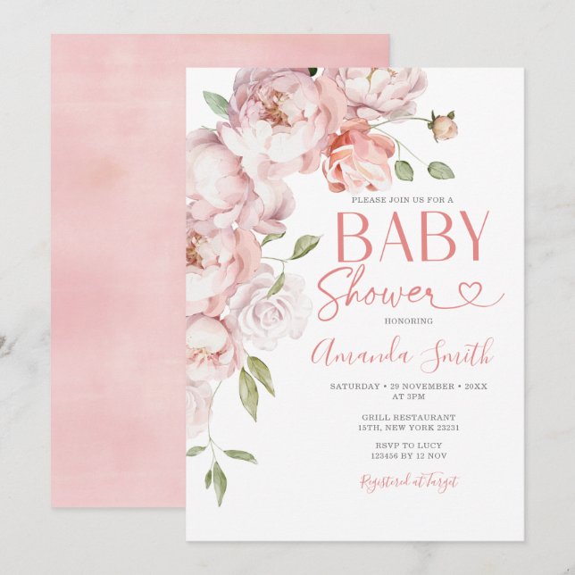  Rosa Flowers Girl Baby Shower Greenery Inbjudningar (Fram/baksida)