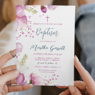Rosa Flowers Girl Baptism Christening Inbjudningar