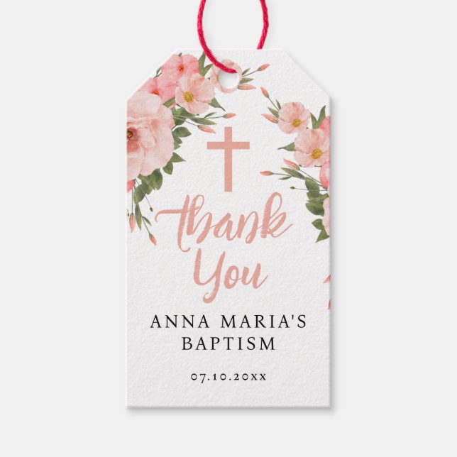 Rosa Flowers Girl Baptism Tack Presentetikett (Framsidan)