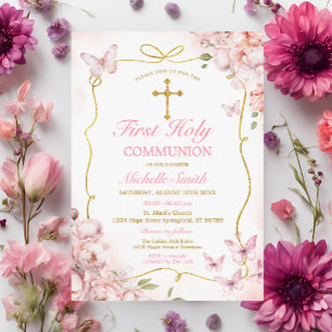 Rosa Flowers Girl Butterfly First Heliga Communion Inbjudningar
