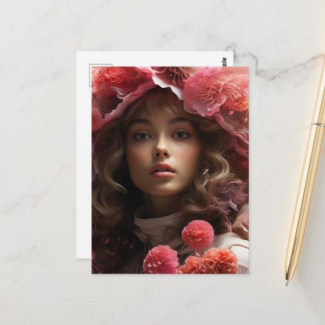 Rosa Flowers Girl Vykort (Fram/Back In Situ)