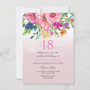 Rosa Flowers Girls 18:e 17:e födelsedagen Inbjudningar