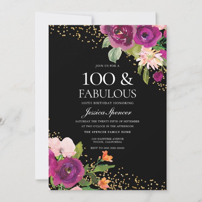 Rosa Flowers Glitter Black 100:e Födelsedagsfesten Inbjudningar (Framsida)